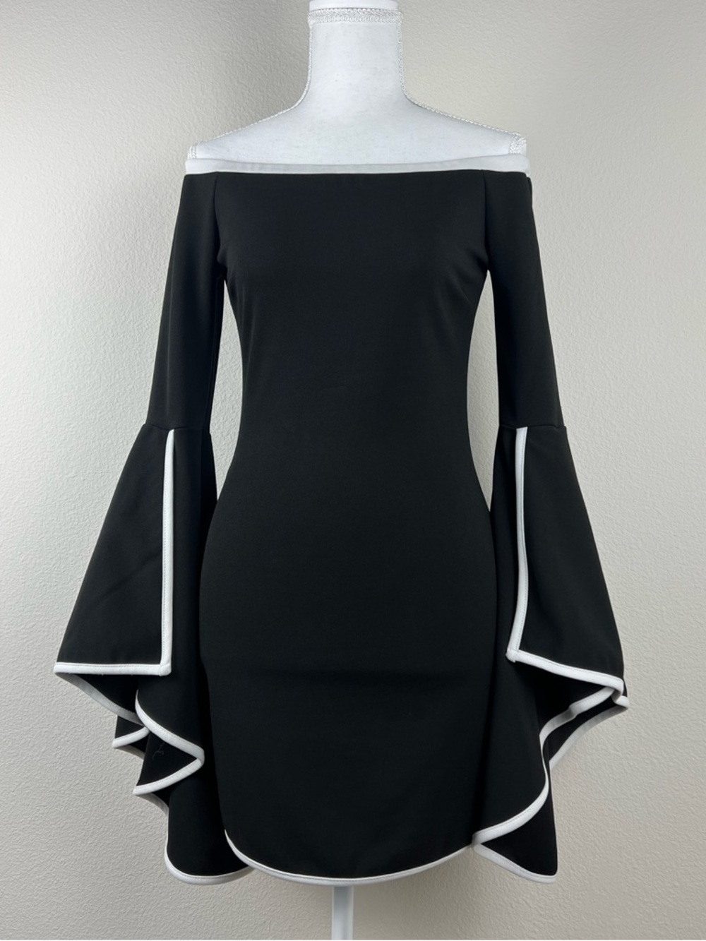 HMS Black Off Shoulder Y2K Mini Dress Bell Sleeve Bodycon White Trim Size S